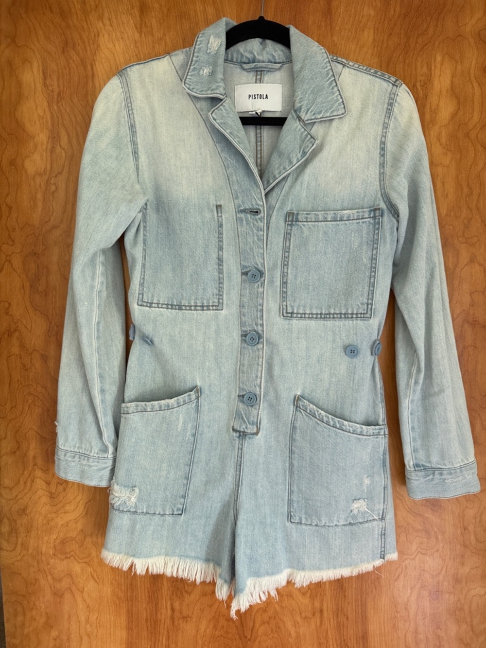 pistola Light Wash Denim Jacket Romper with Frayed Hem